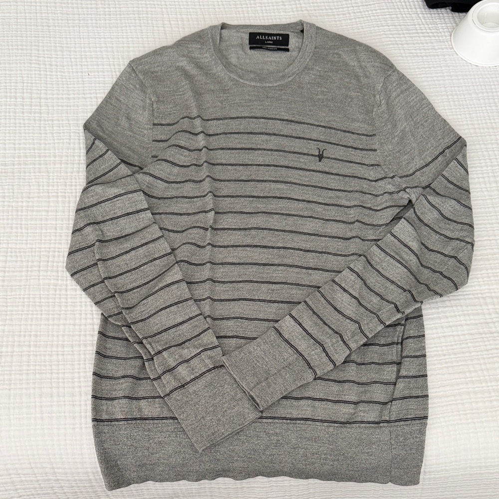 All Saints Gray Crewneck with Thin Black Stripes
